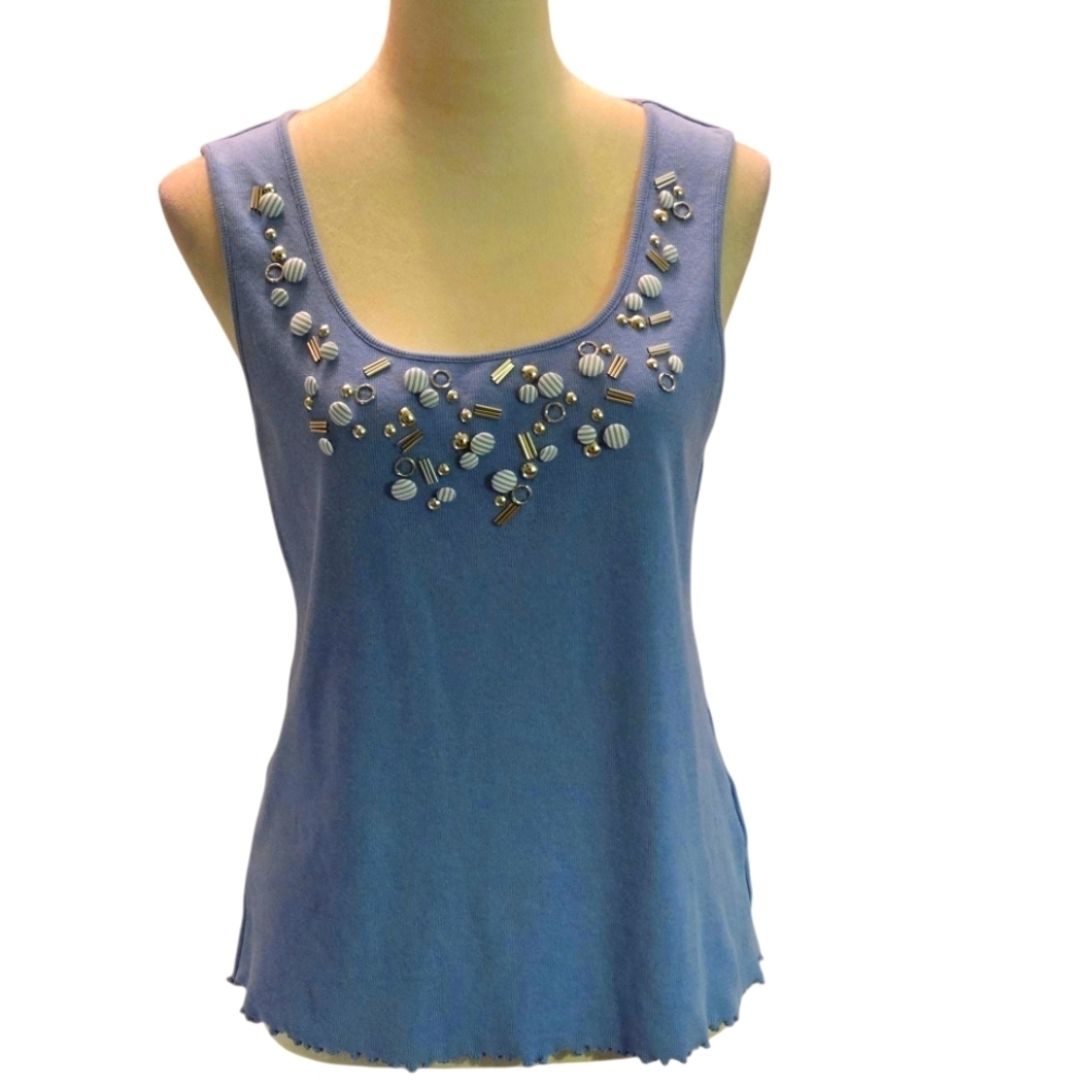 Ruby Rd Embellished Blue Ribbed Stretch Tank Top Scoop Neckline Women's M